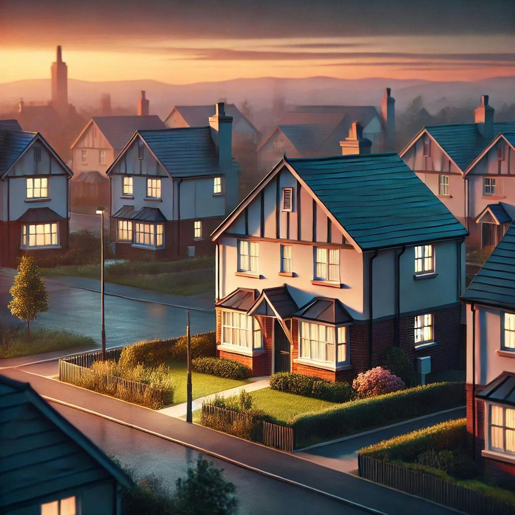 DALL·E 2024-08-15 13.02.42 - A peaceful housing area at dawn with the sun starting to rise behind the houses. The sky is transitioning from dark to light with soft shades of orang.webp